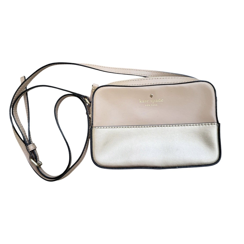 Kate Spade New York Colorblock Leather Camera Crossbody Bag Beige Gold Zip